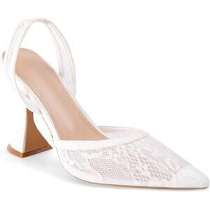 Lhamo Latso Womens Size 6.5 White Lace Mesh Pointy Toe 4" Heel Slingback Shoes